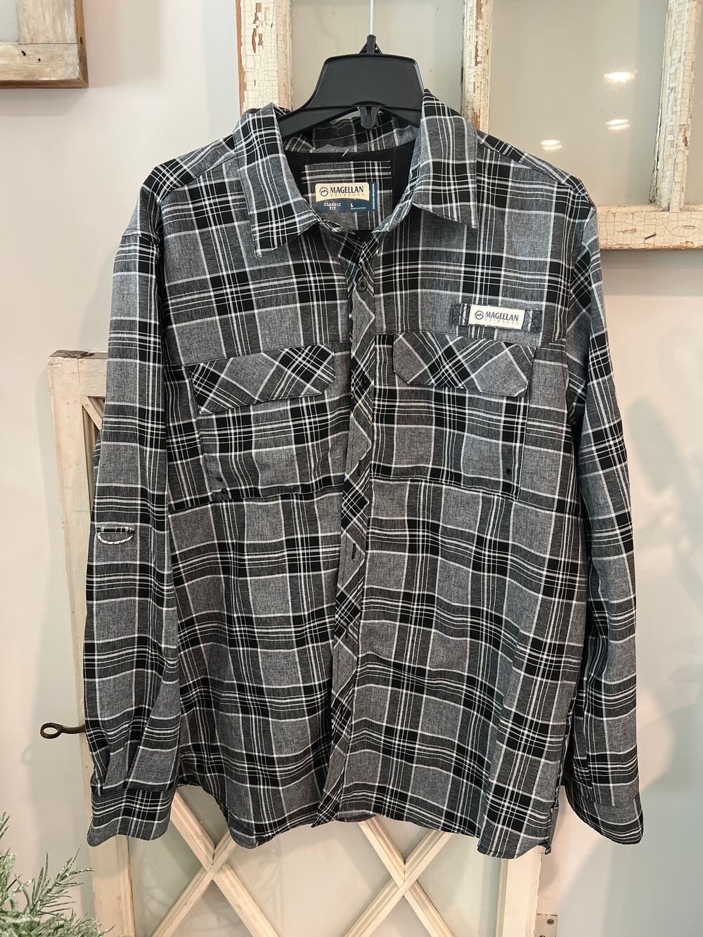 Magellan size large black & gray plaid button down shirt - Picture 1 of 3